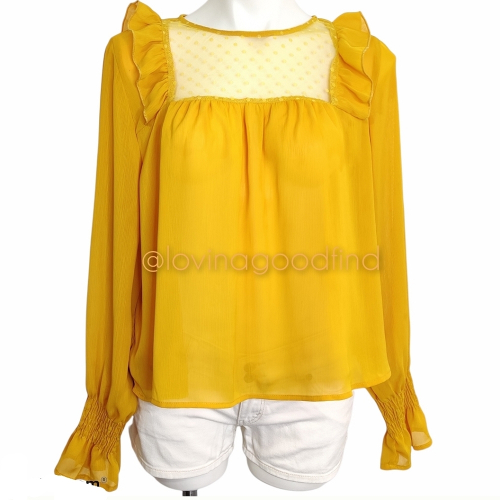 Passport Mustard Polka Dot Ruffle Top EUC sz XL